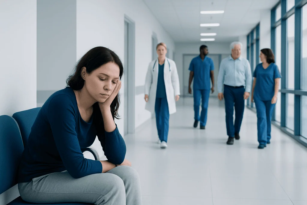 Insomnia Symptoms: Possible Causes and When to Seek Care 1 Young woman feeling tired and stressed in hospital corridor.