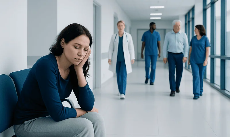 Young woman feeling tired and stressed in hospital corridor.