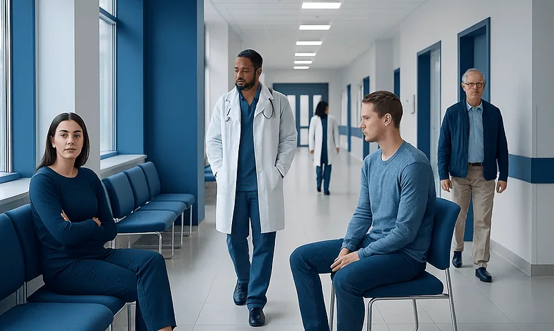 Patients waiting in a hospital corridor with medical staff nearby.