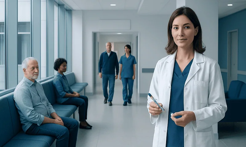 Medical professional in hospital corridor with patients and staff.