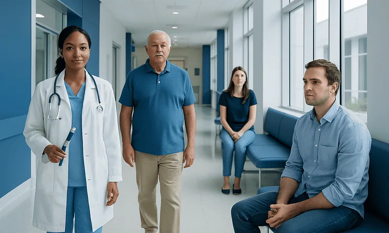 Insulin: What Patients Need to Know 12 Medical consultation with healthcare professionals and patient in hospital corridor.