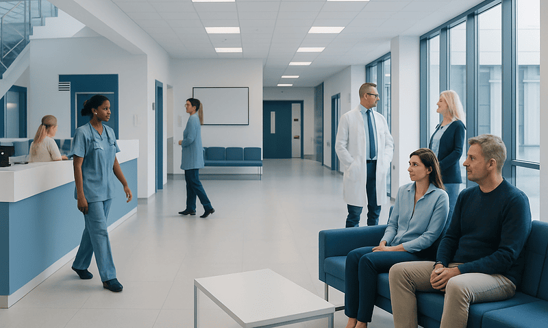 Modern hospital waiting area with medical staff and patients.