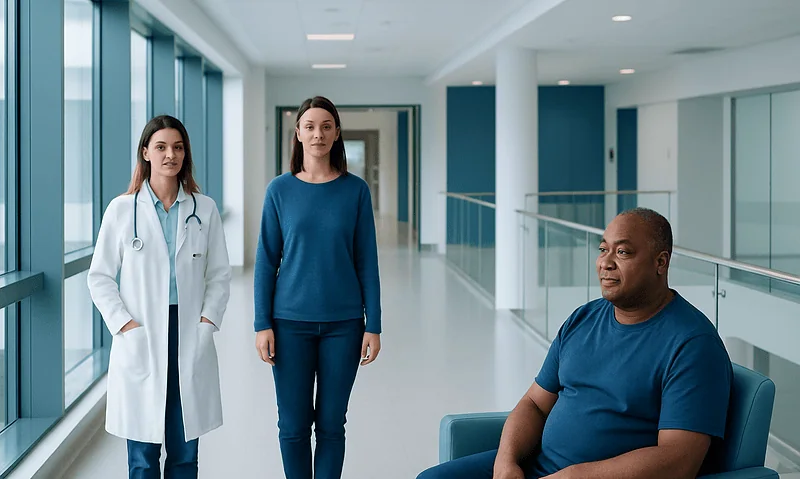 Medical professionals and patient in a hospital corridor at Acibadem Hospitals Group.