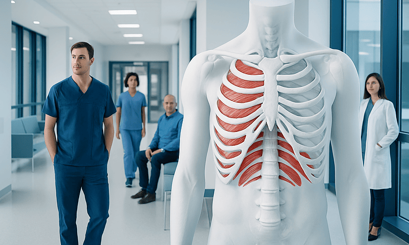 Medical model of intercostal muscles in a hospital corridor.