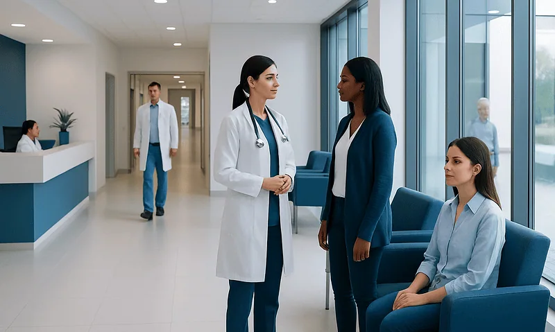 Medical consultation at Acibadem Hospital with healthcare professionals and patient.