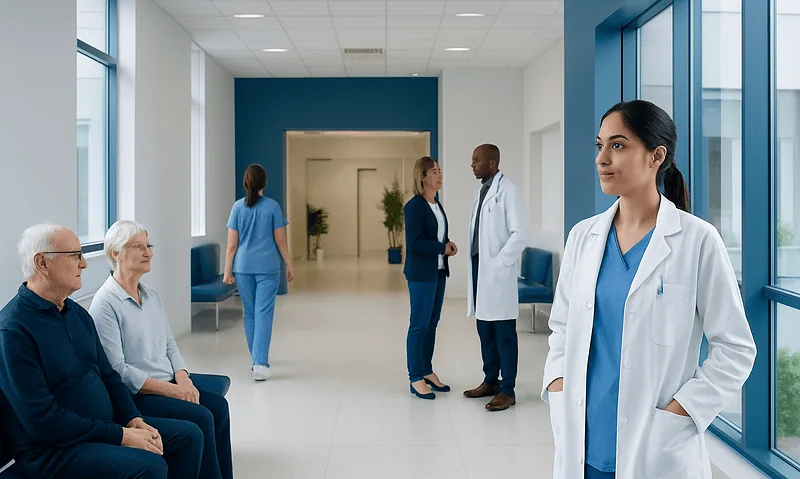 Healthcare professionals and patients in a modern hospital corridor.