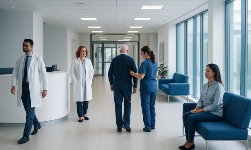 Healthcare professionals and patient in a modern hospital corridor.