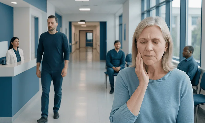 Elderly woman experiencing face numbness in hospital corridor.