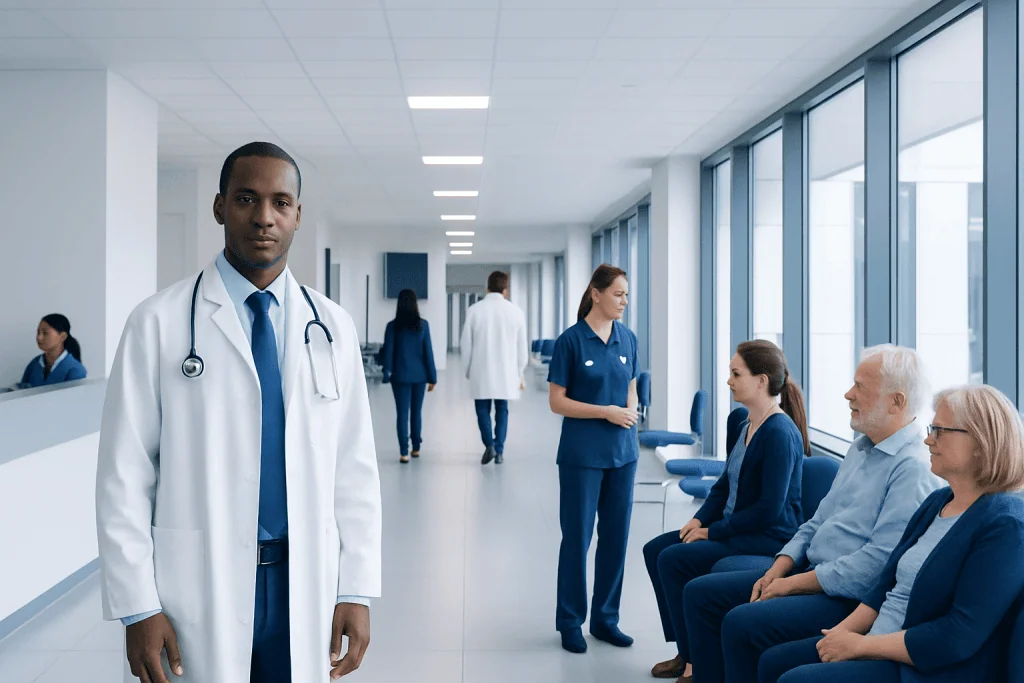 Internal Medicine: An Evidence-Based Guide for Patients 1 Medical professionals and patients in a modern hospital corridor.