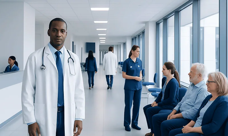 Medical professionals and patients in a modern hospital corridor.