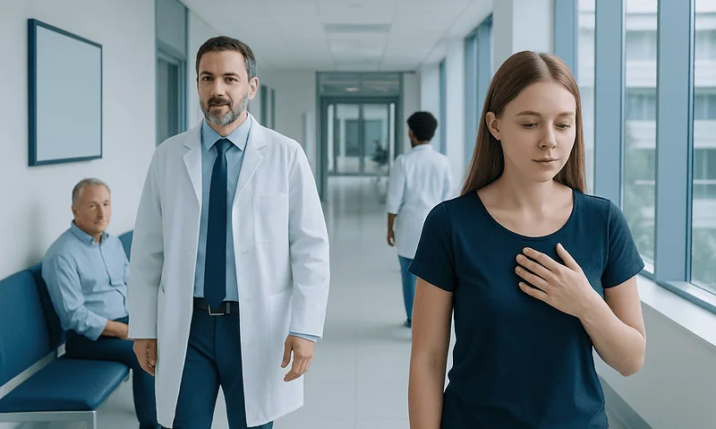 Young woman experiencing discomfort in a hospital corridor with doctors nearby.