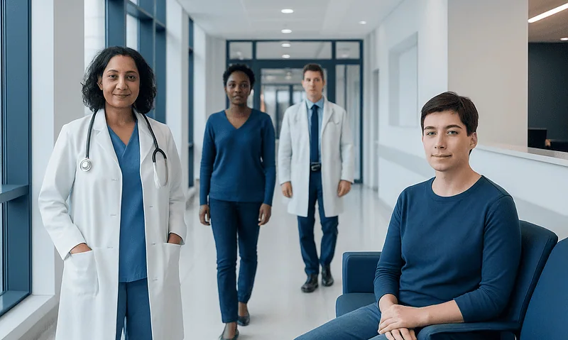 Diverse medical team with patient in hospital corridor.