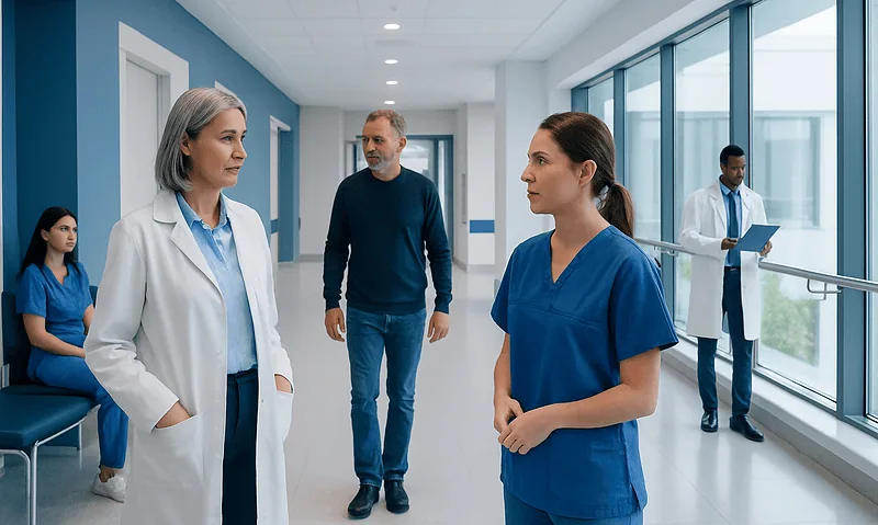 Medical professionals and patient in hospital corridor at Acibadem Hospitals Group.