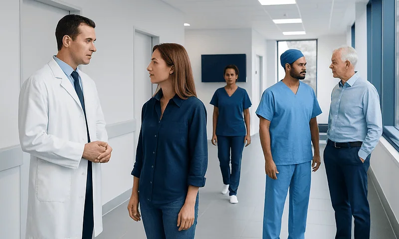 Medical team discussing patient care in hospital corridor.