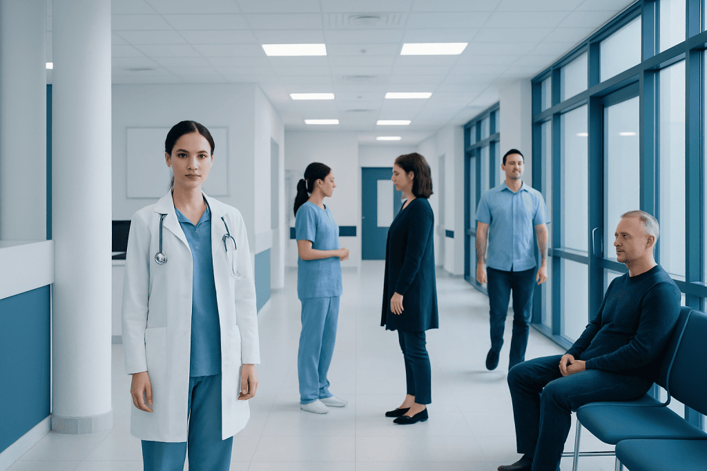 Interventional Neuroradiology in Turkey: How International Patients Can Compare Centers 1 Medical professionals and a patient in a hospital corridor.
