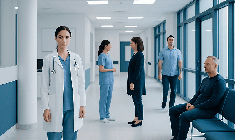 Medical professionals and a patient in a hospital corridor.