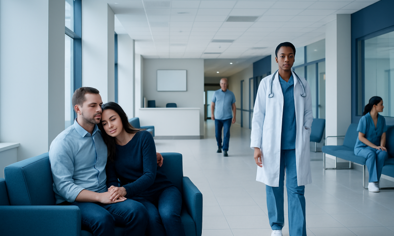 Patients waiting in a modern hospital corridor with medical staff present.
