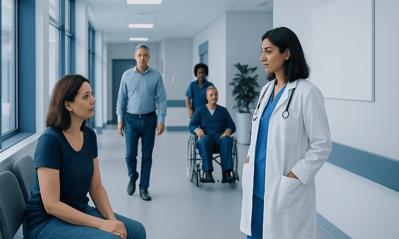 Doctor consulting female patient in hospital corridor with staff in background.