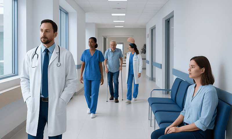 Medical team walking in hospital corridor with patient sitting nearby.