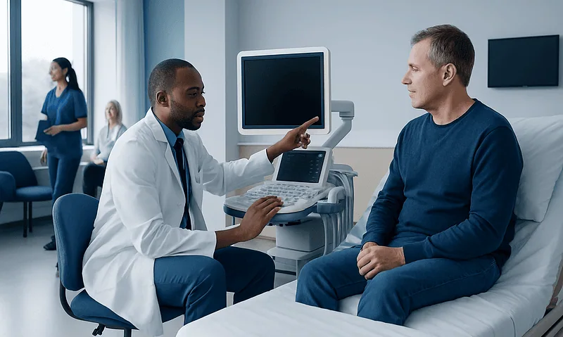 Doctor explaining intravascular ultrasound to patient in hospital room.