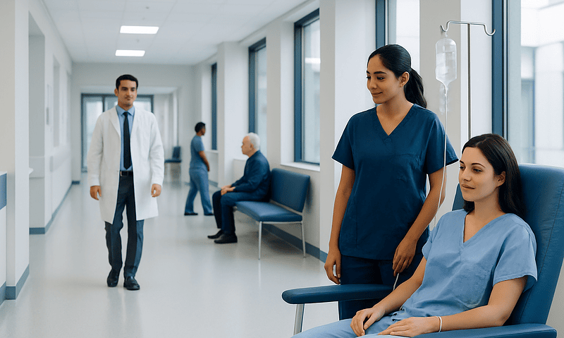 Patients in a hospital corridor with medical staff and IV therapy.