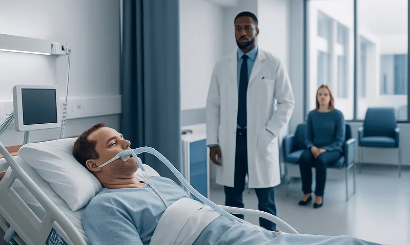 Patient on ventilator in hospital room with doctor and visitor present.