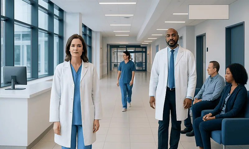 Medical professionals in a hospital corridor at Acibadem Hospitals Group.