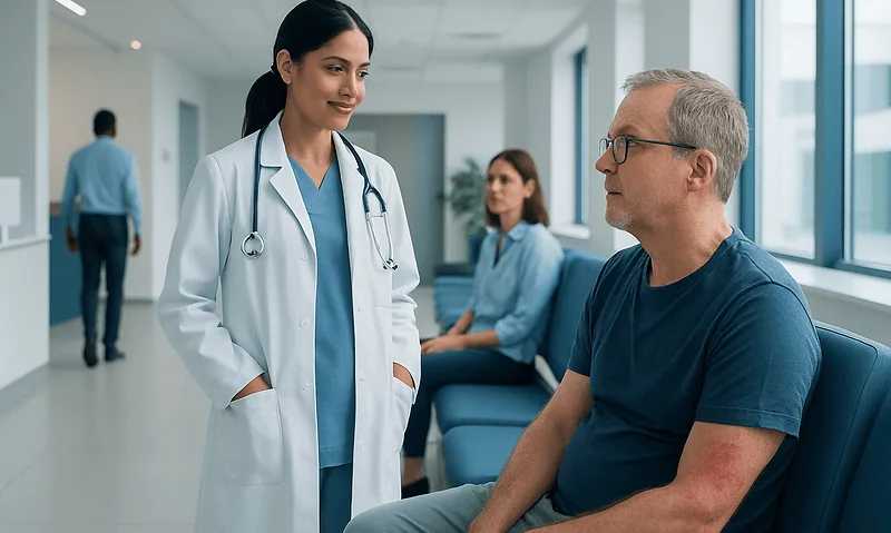 Inverse Psoriasis: What Patients Need to Know 8 Doctor consulting with a patient in a hospital corridor.
