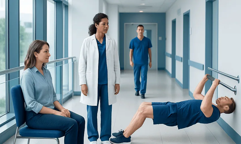 Medical consultation with patient performing physical exercise in hospital corridor.