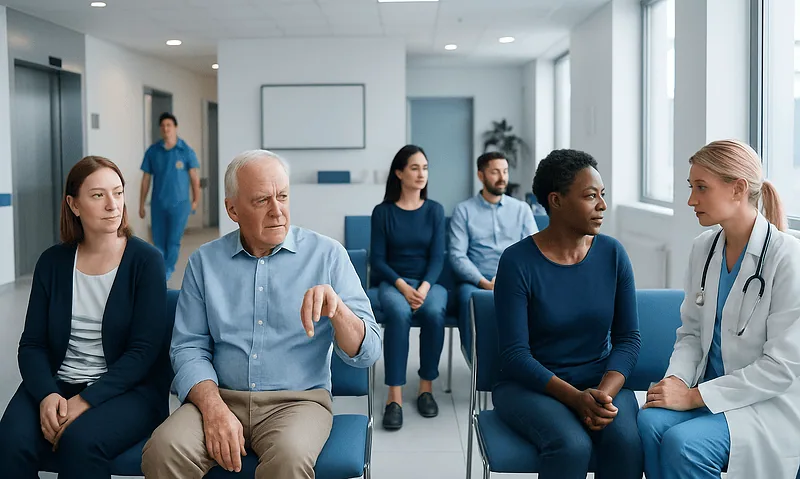 Patients in a medical consultation with a doctor in a hospital waiting room.