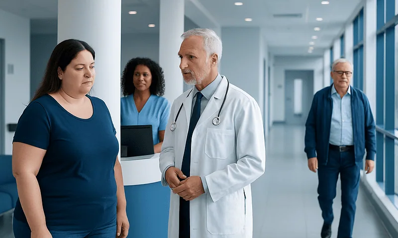 Doctor consulting with a patient in a hospital corridor.