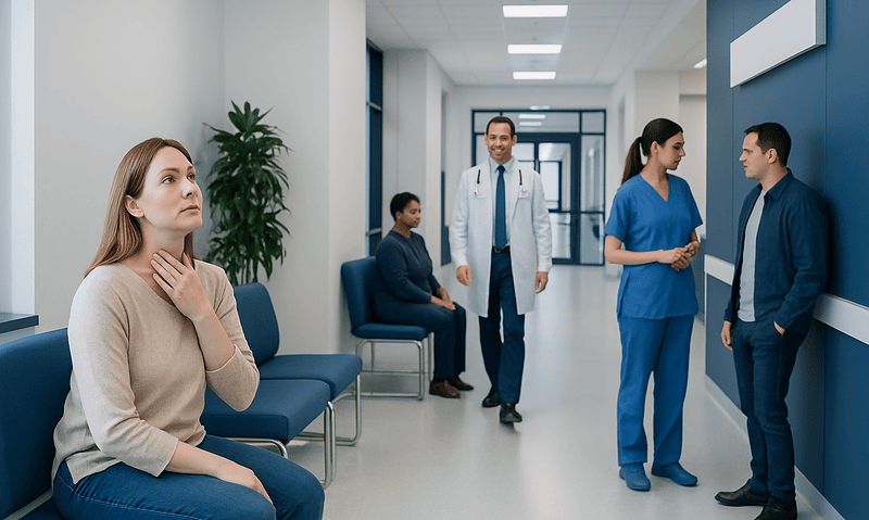 Patient waiting in hospital corridor with medical staff nearby.