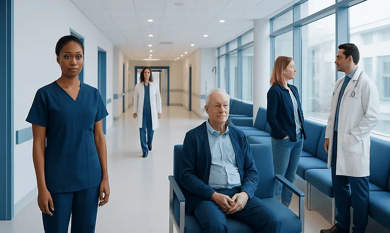 Medical staff and patient in hospital corridor at Acibadem Hospitals Group.