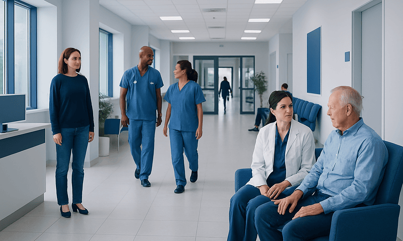 Hospital corridor with medical staff and patients in a modern healthcare facility.