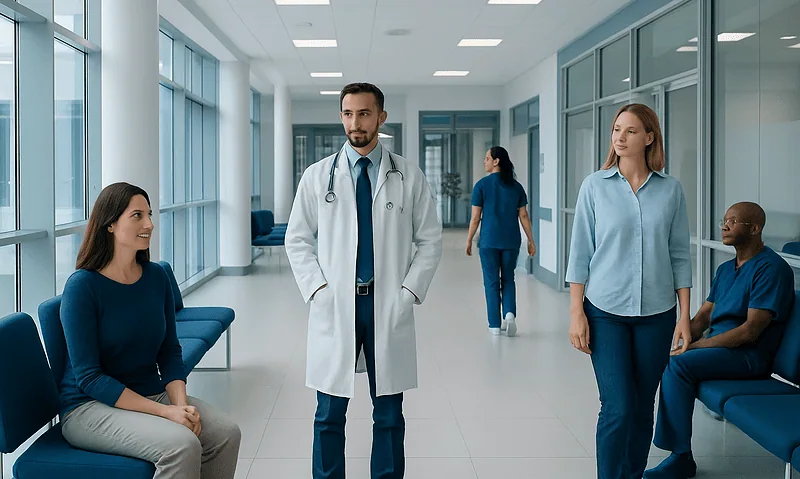 Ipratropium: A Complete Medical Overview 6 Medical professionals and patients in a modern hospital corridor.