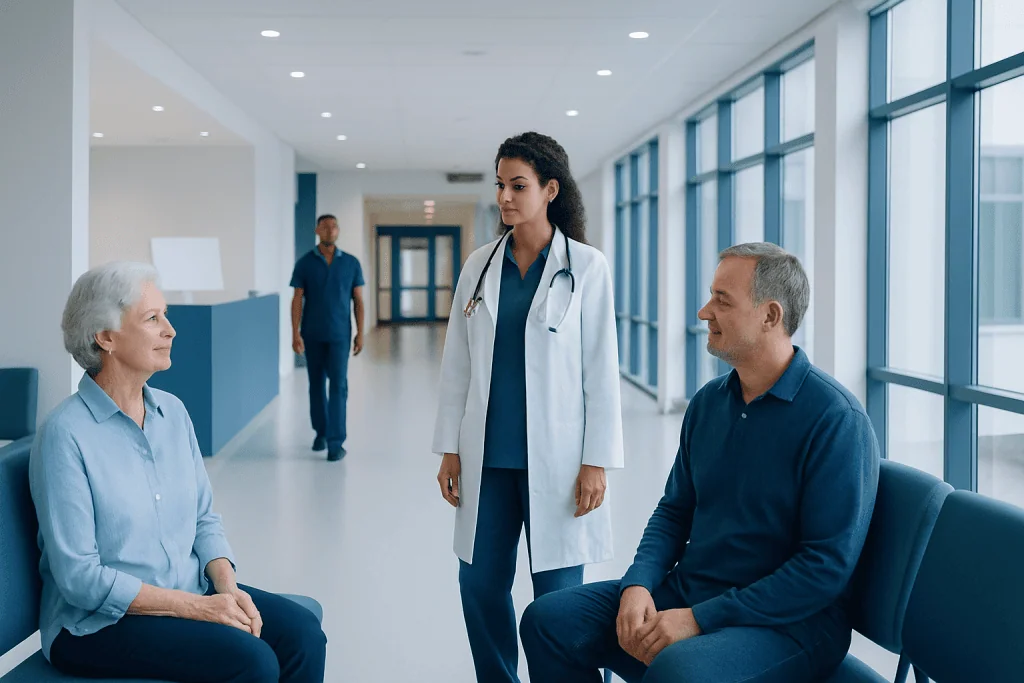 Irbesartan — Explained by Medical Evidence, Not Myths 1 Medical consultation in a modern hospital corridor with a doctor and patients.