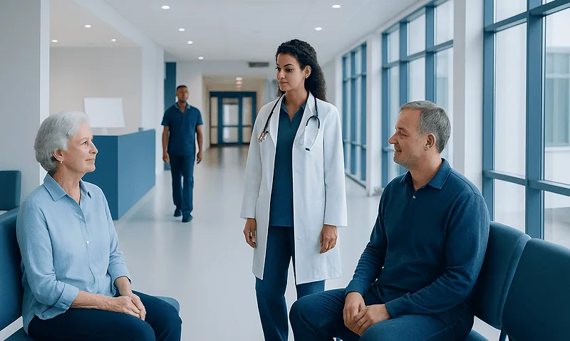 Medical consultation in a modern hospital corridor with a doctor and patients.