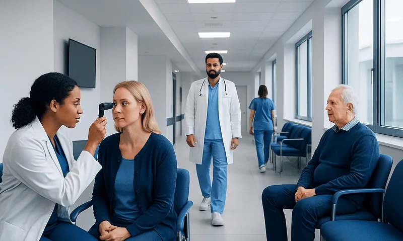 Ophthalmologist examining a patient's eye in a hospital clinic.