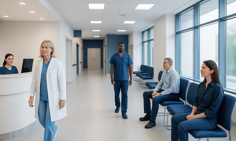Healthcare professionals and patients in a modern hospital waiting area.