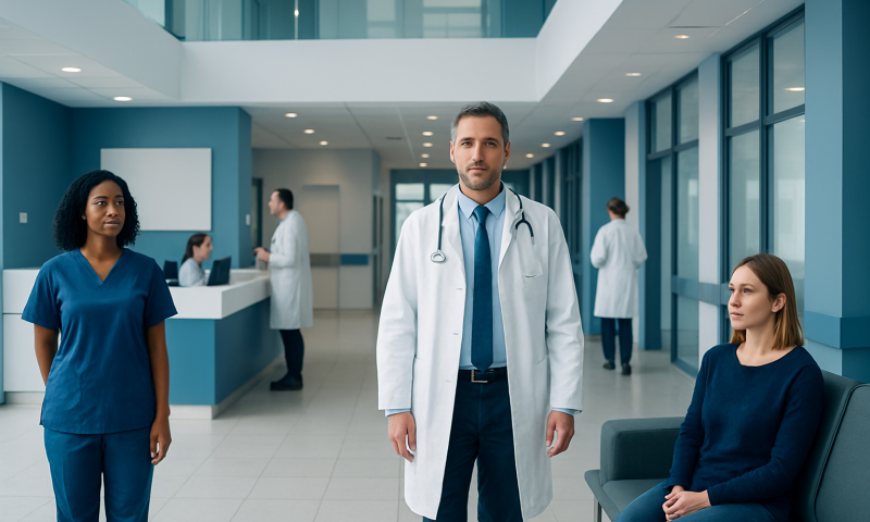 Medical team in hospital lobby with doctor and patient in modern healthcare setting.