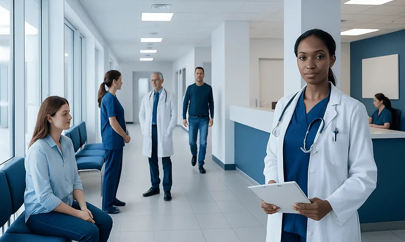 Healthcare professionals and patients in a modern hospital corridor.