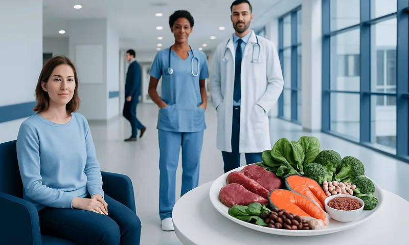 Healthy foods including meat, vegetables, and legumes in a hospital setting.