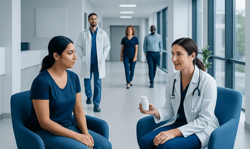 Doctor consulting a patient in a modern hospital corridor.