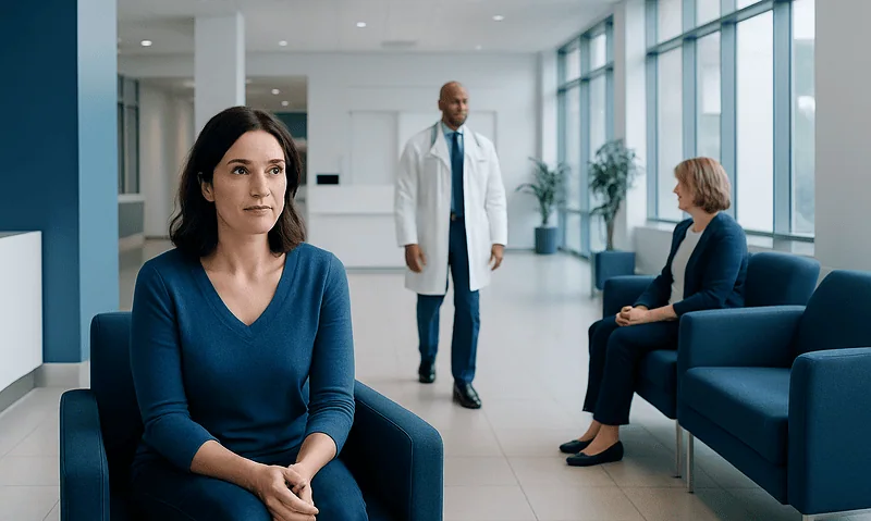Irregular Bleeding Spotting: An Evidence-Based Guide for Patients 6 Woman waiting in a hospital corridor with doctor and another woman.