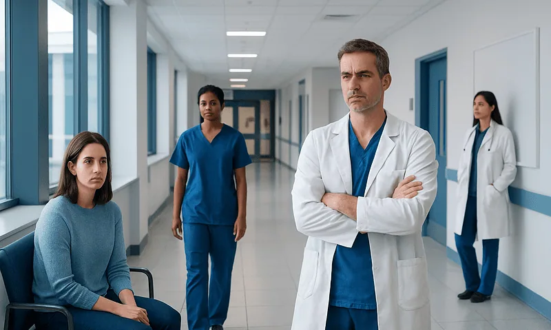 Medical team discussing patient care in hospital corridor.