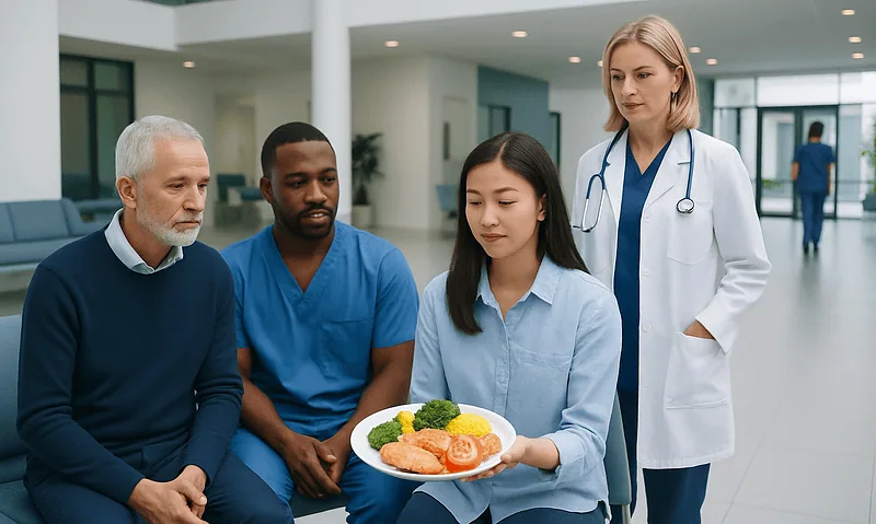 Medical team discussing patient care with a focus on nutrition in hospital.