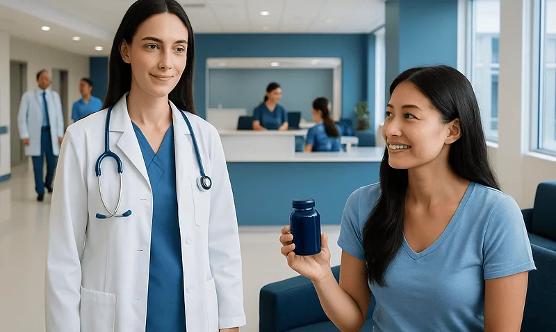 Female doctor with stethoscope and woman holding supplement bottle in hospital.
