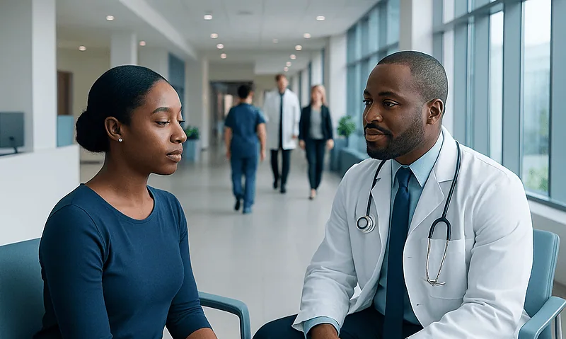 Doctor consulting with a patient in a modern hospital corridor.