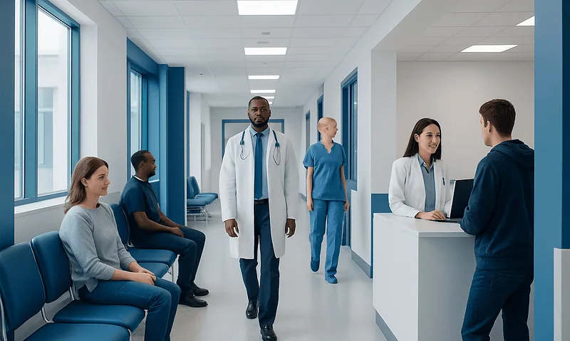 Medical staff and patients in a modern hospital corridor.