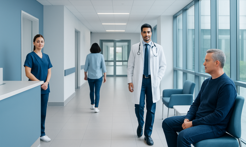 Medical professionals and patient in a hospital corridor at Acibadem Hospitals Group.